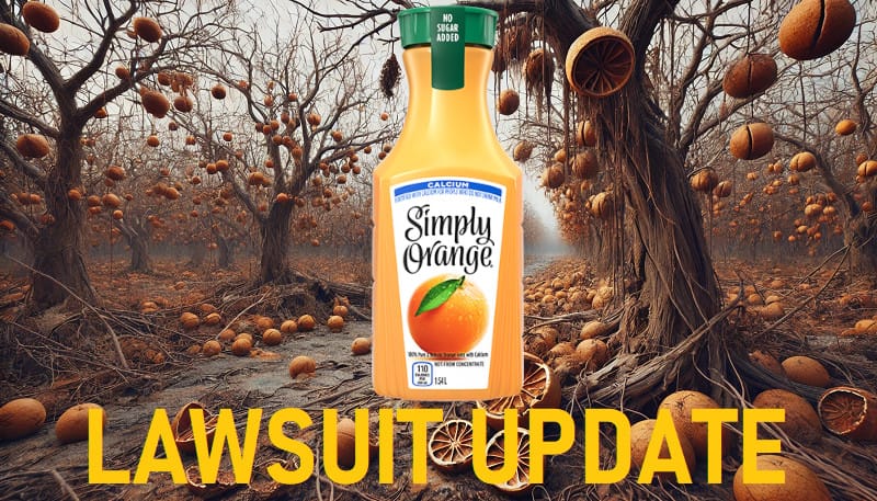 Dead rotting oranges hanging from withered trees in an abandoned orange grove and a Simply Orange Juice bottle