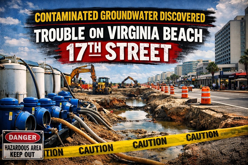 Road construction on Virginia Beach’s 17th Street with blue groundwater pumps, a muddy trench, and caution tape, overlaid with bold clickbait text about contaminated groundwater.