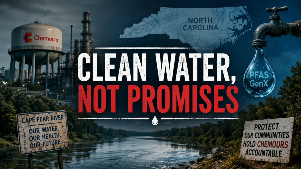 Chemours PFAS settlement graphic showing the Cape Fear River, North Carolina, and a call for clean water following the GenX contamination controversy.
