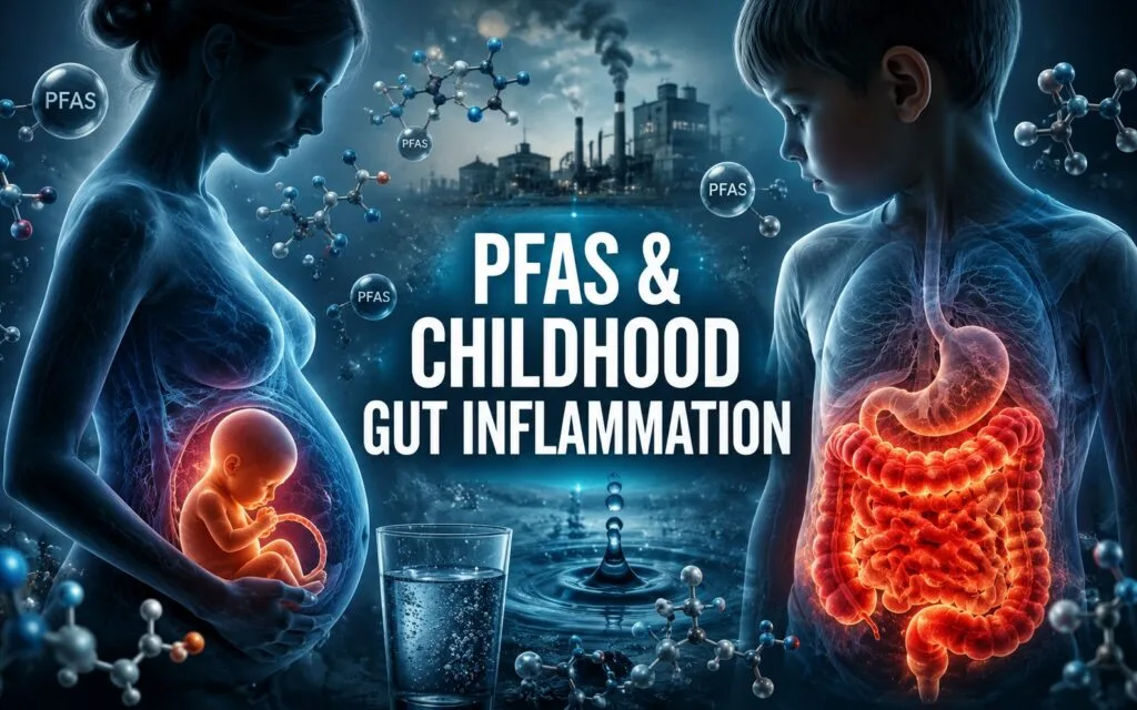 Pregnant woman and young boy with glowing digestive systems; PFAS bubbles and a factory in the background.