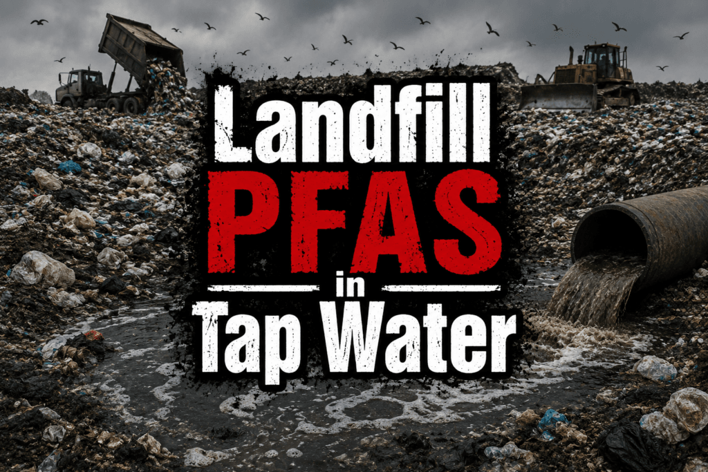 Polluted landfill with caption highlighting PFAS contamination in tap water