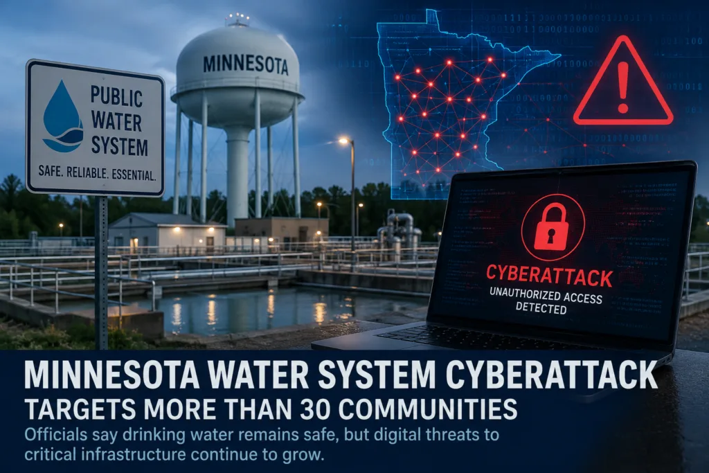 Minnesota water treatment facility with cybersecurity warning illustrating the coordinated cyberattack targeting more than 30 community water systems while officials confirmed drinking water remained safe.