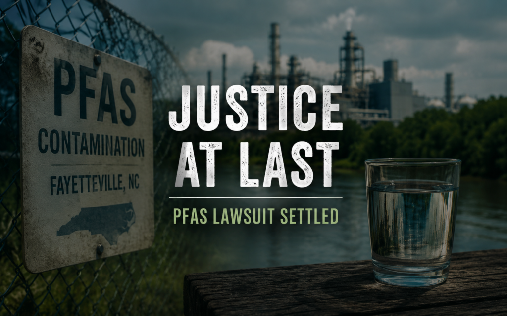 Industrial chemical plant near a river with a glass of drinking water and the words "Justice at Last" representing the North Carolina PFAS lawsuit settlement involving Chemours and DuPont.
