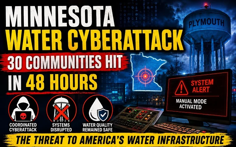 Minnesota water cyberattack affecting about 30 communities, showing a Plymouth water tower, system alert screen, and disrupted water infrastructure controls.