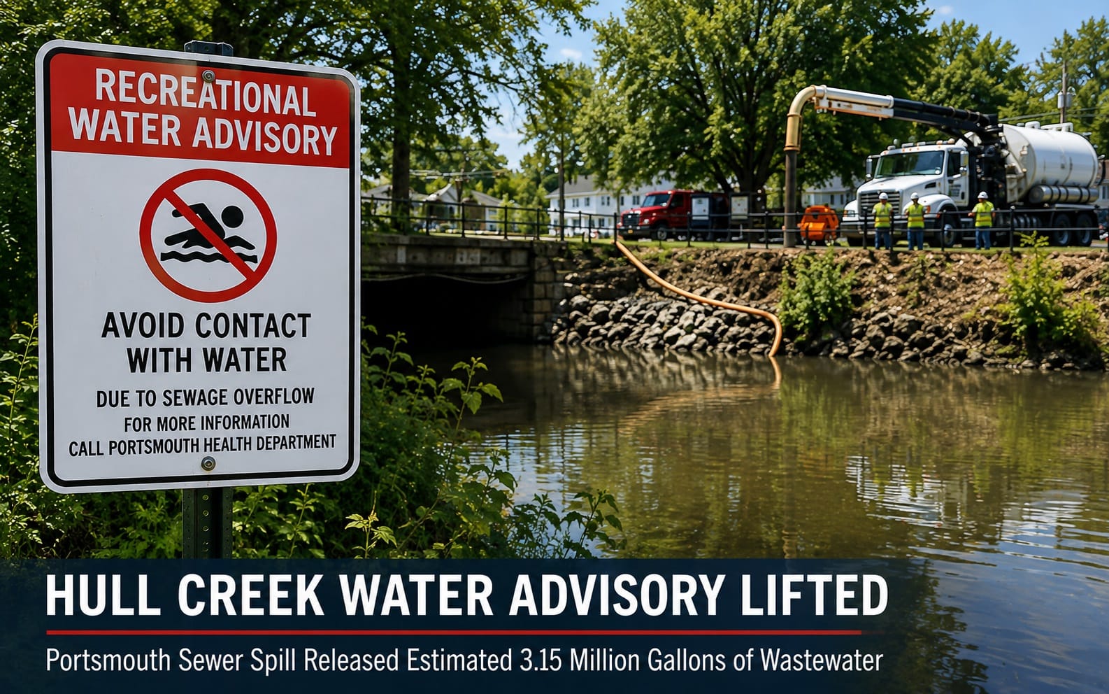 Hull Creek Water Advisory Lifted After Portsmouth Sewage Spill - East Coast Water Quality Inc. Hull Creek recreational water advisory lifted after a Portsmouth sewer main break released about 3.15 million gallons of wastewater.