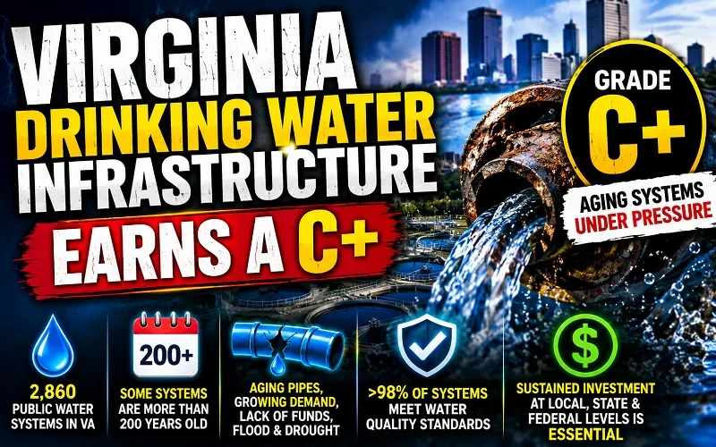 Infographic about Virginia's drinking water infrastructure earning a C+ grade, with icons for water systems, aging pipes, and investments.