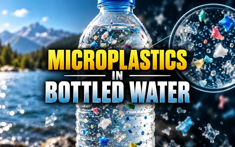 Microplastics in bottled water shown inside a plastic water bottle with magnified plastic particles.