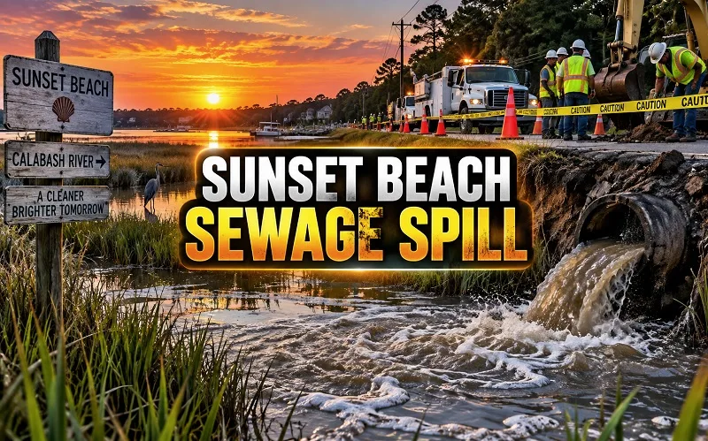 Sunset Beach sewage spill near the Calabash River with utility crews repairing a damaged sewer main