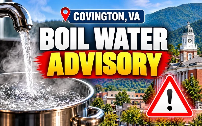 Covington VA boil water advisory October 8, 2026, featuring boiling water, a warning symbol, and the city skyline.